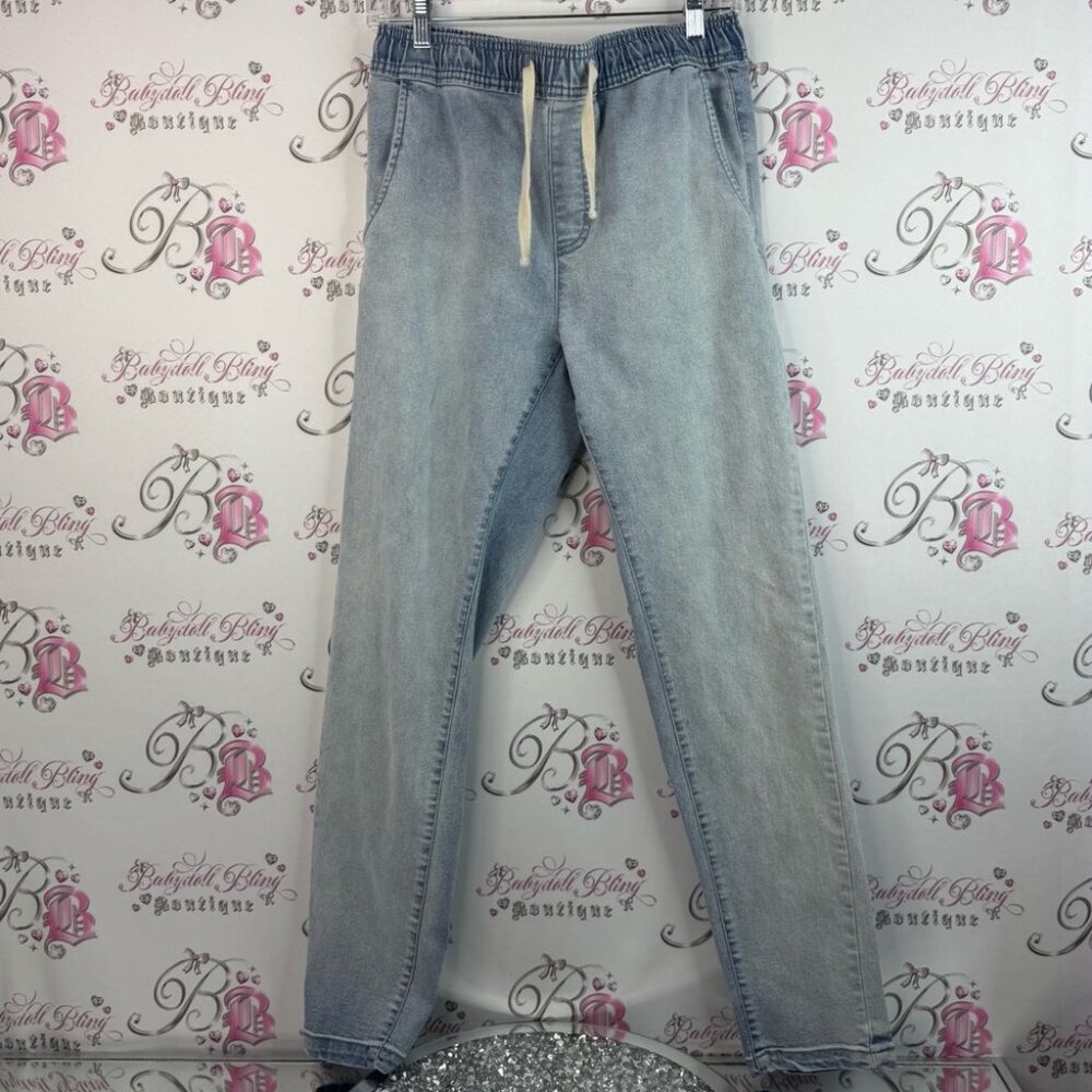 Lira jeans pants tie up waist straight leg light wash Light Blue Boyfriend Jeans